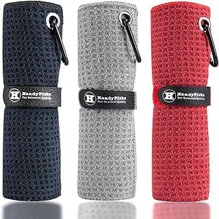 Handy Picks Microfiber Golf Towel (16" X 16") with Carabiner Clip, Waffle Pattern Golf Towel Hook and Loop Fastener - The Convenient Golf C...